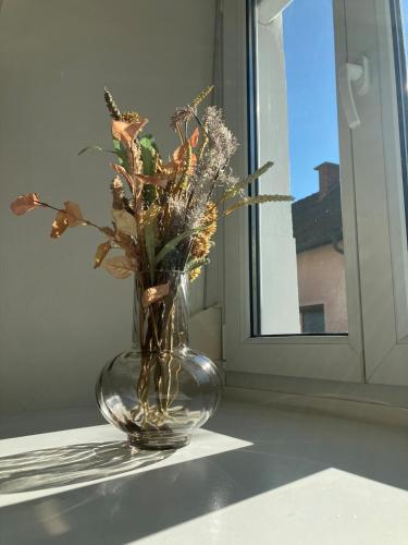 a vase filled with flowers sitting on a window sill at Cozy Apartment In Old Pfarrhaus in Zweikirchen