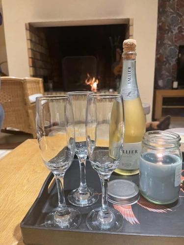 un plateau avec quatre verres à vin et une bouteille de vin dans l'établissement Gîte Le petit pied du bois, à Ondefontaine