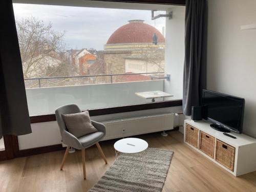a living room with a chair and a large window at Über den Dächern von Offenbach in Offenbach