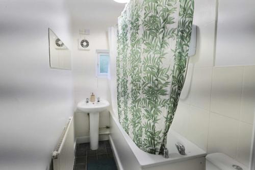 a bathroom with a sink and a shower curtain at Two bedroom flat in St Michael's Hill in Bristol