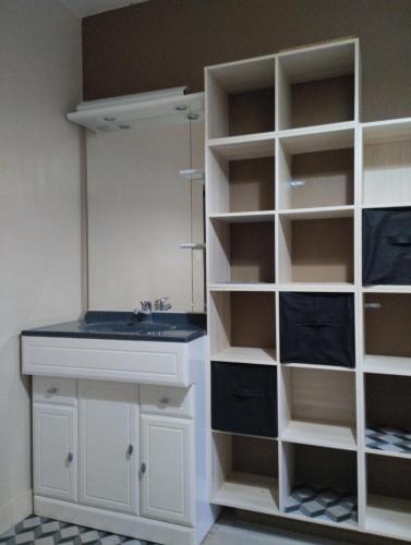 La cuisine est équipée d'un évier et d'une armoire blanche. dans l'établissement Chambres indépendantes et lumineuses, à Aleçon