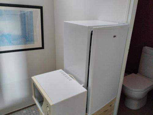 Cette chambre comprend un réfrigérateur blanc et des toilettes. dans l'établissement Chambres indépendantes et lumineuses, à Aleçon