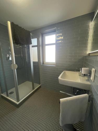 a bathroom with a shower and a sink at Herche Hof in Ranstadt