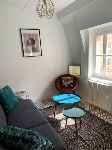 un salon avec un canapé et une chaise dans l'établissement Appartement Coeur historique de Bayeux, à Bayeux