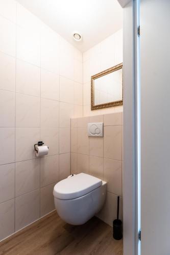 a white bathroom with a toilet and a mirror at Vakantiewoning Plantage 40 in Bruinisse