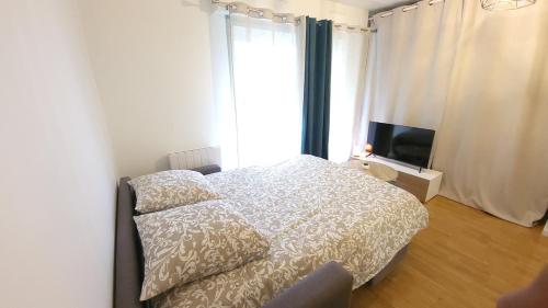 une chambre avec un lit et une télévision dans l'établissement cozy Nest,Paris,Opera,Disney,La Défense,, à Bondy