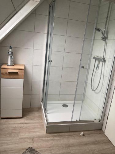 a shower with a glass door in a bathroom at Ferienhaus Großheider Straße in Großheide