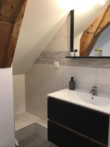 La salle de bains est pourvue d'un lavabo noir et blanc. dans l'établissement Appartement Sous les Etoiles pour 6 personnes, à Saint-Nectaire