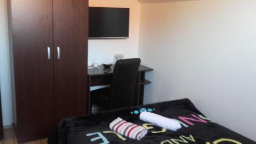 a bedroom with a desk and a bed and a table at Hostel IN Club in Zagreb