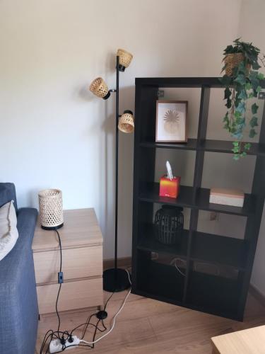 une chambre avec une étagère noire et une lampe dans l'établissement Charmant Studio à 5 min du Lac, à Annecy