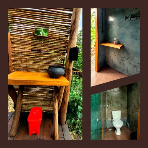 a collage of pictures of a bathroom with a toilet at Nosso Quintal Candeias - Cabana Banana in Conceição do Mato Dentro