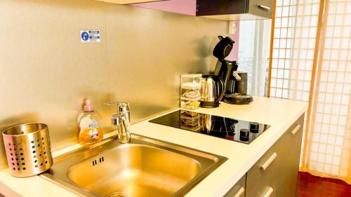une cuisine avec un évier et un plan de travail dans l'établissement Mini Loft 4 P, centre historique, à Bordeaux