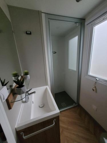 une salle de bain avec un lavabo blanc et une douche dans l'établissement MH 170 AVENTURA 3 chambres dont une suite parentale et 2 salles de bain dans camping 4étoiles, à Saint-Julien-en-Born