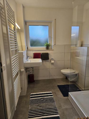 a bathroom with a sink and a toilet and a window at Ferienwohnung Aloisia in Meersburg