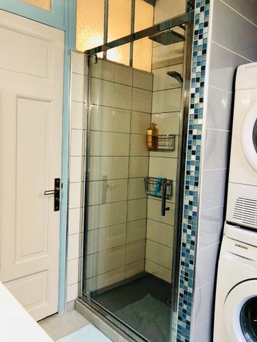 une douche avec une porte vitrée dans une salle de bain dans l'établissement Appartement Plage Malo les bains avec confort, à Dunkerque