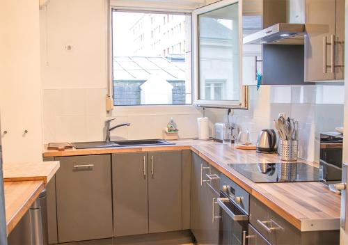 une cuisine avec un évier et une fenêtre dans l'établissement Spacious home near Canal and Stadium with Wifi, à Reims