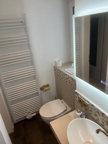 a bathroom with a toilet and a sink and a mirror at Pension Ottenheide in Schloß Holte-Stukenbrock