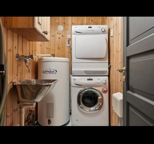 a small bathroom with a washing machine and a sink at Bjorli Mountain Cabin in Bjorli
