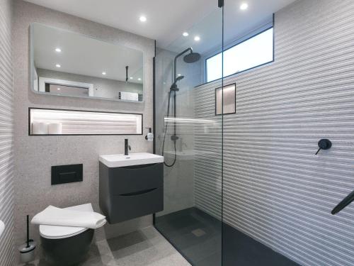 a bathroom with a toilet and a sink and a shower at Louies Loft in St Ives