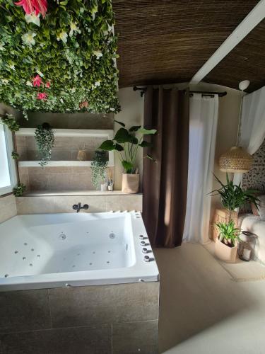 a bathroom with a tub with plants on the wall at Love room au Castellet in Le Castellet