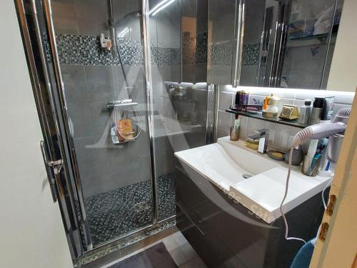 une salle de bain avec douche et lavabo dans l'établissement Duplex avec double terrasse 1ere ligne de mer, wifi et climatisation, à Sète