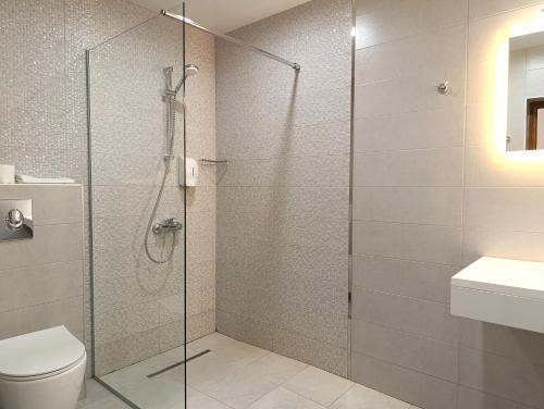 a bathroom with a shower with a toilet and a sink at Lime house in Kyustendil