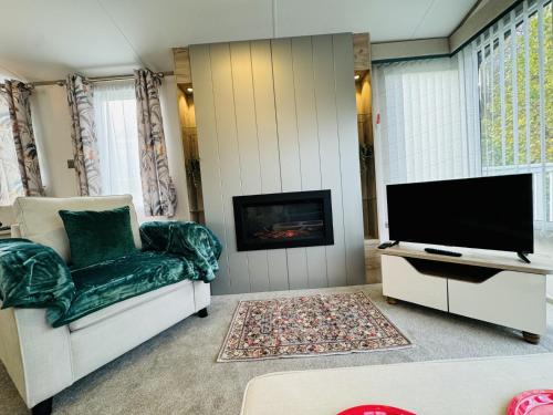 a living room with a tv and a couch and a television and a fireplace at Escape The City - Cozy Caravan Next To The Lake in Hastings