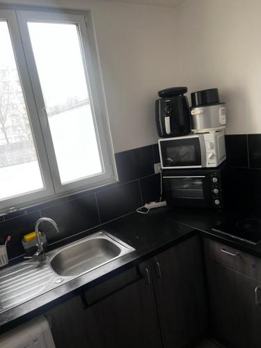a kitchen with a sink and a microwave at Cozy bedroom in a shared apart in Saint-Denis