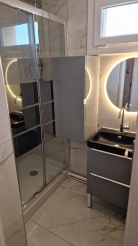 une salle de bain avec un lavabo et une douche dans l'établissement Cozy appartement t3 lumineux, à Bron