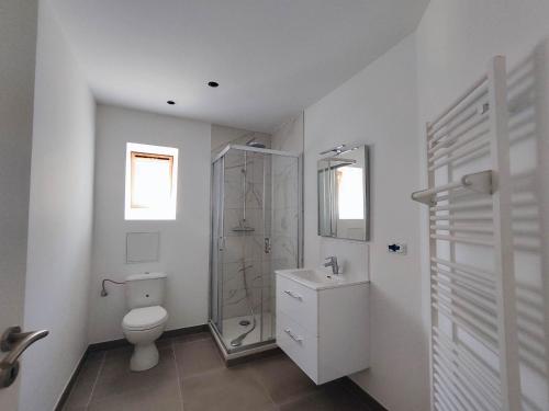 une salle de bain avec une douche, des toilettes et un lavabo dans l'établissement #Lesgourmandises, à Mulhouse