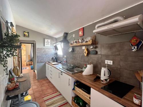 eine Küche mit Spüle und Arbeitsplatte in der Unterkunft The Island Hostel & Café in Lagos