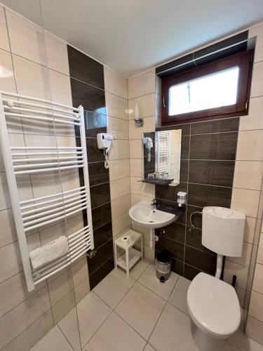 a bathroom with a toilet and a sink at Mandula Apartman in Cegléd
