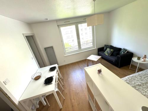 un salon avec un canapé et une table dans l'établissement Appartement paisible avec stationnement gratuit, à Mulhouse