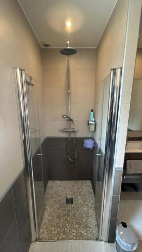 une douche avec une porte vitrée dans une salle de bain dans l'établissement Villa, à La Colle-sur-Loup