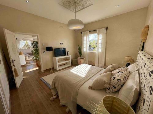 a bedroom with a large bed and a television at Villa Ambre with Pool And Garden in El Aggada