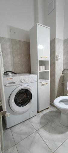 a washing machine in a bathroom with a toilet at M Family Apartment in Odorheiu Secuiesc
