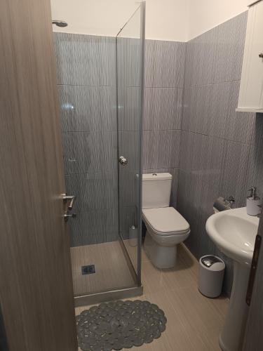 a bathroom with a shower and a toilet and a sink at Haraki Blue Houses in Haraki