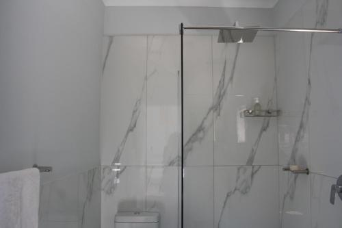 a bathroom with a shower and a toilet at Happy's Hood in Pringle Bay