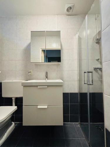 a bathroom with a sink and a shower at Hoefbos Otterlo Bungalow in Otterlo