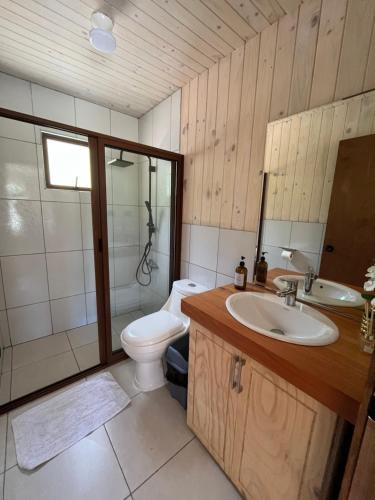 a bathroom with a toilet and a sink and a shower at Casa arenal in Ranco
