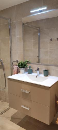 une salle de bain avec un lavabo blanc et une douche dans l'établissement Appartement neuf à 100 m de la plage - New 100m from beach, à Fréjus
