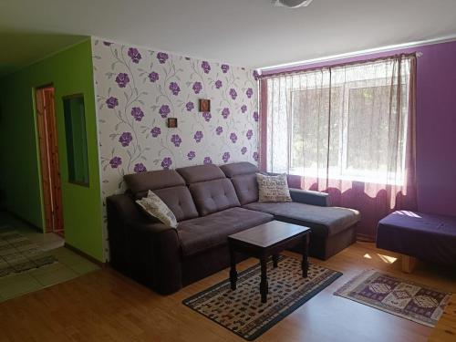 a living room with a couch and a table at Vormsi Ohvitseride Maja korter nr 4 in Hullo