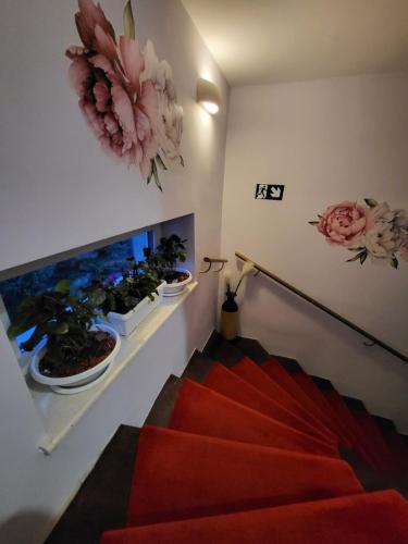 a staircase with a red carpet and potted plants at Villa Vino & Grad in Zagreb