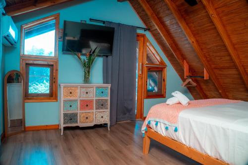 a bedroom with a bed and a flat screen tv at Star Apple Inn in San Andrés