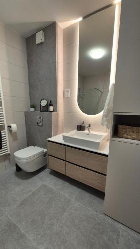 a bathroom with a sink and a toilet and a mirror at ONNE Apartment in Zaprešić