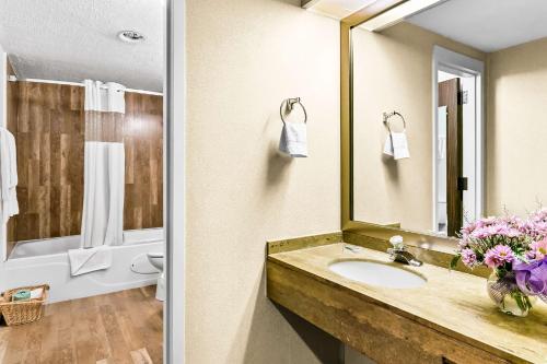 a bathroom with a sink and a toilet and a mirror at Best Western Downtown Sudbury in Sudbury
