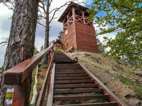 a staircase leading up to a building on a hill at Rekreacny Dom in Strečno
