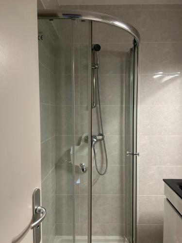 une douche avec une porte vitrée dans une salle de bain dans l'établissement Appartement cosy idéalement situé, à Chelles