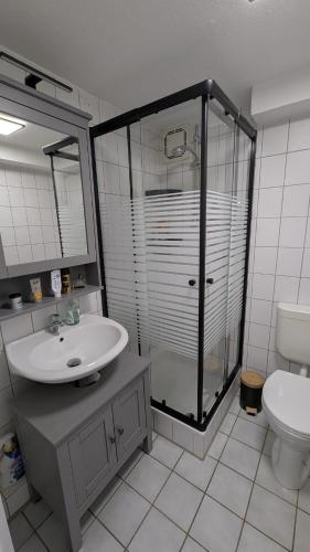 a bathroom with a sink and a shower and a toilet at EssensStube - Gemütlich - Geräumig - Gut in Essen