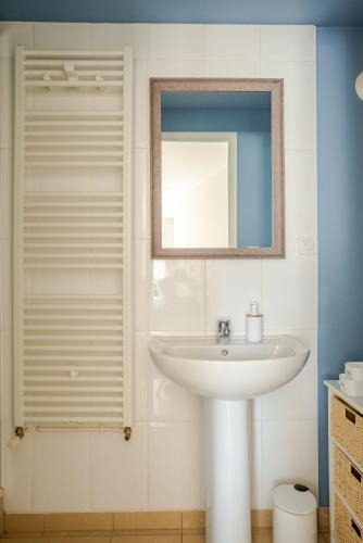 une salle de bain avec un lavabo et un miroir dans l'établissement Gîte des Chaumottes, meublé avec terrasse, à Autun